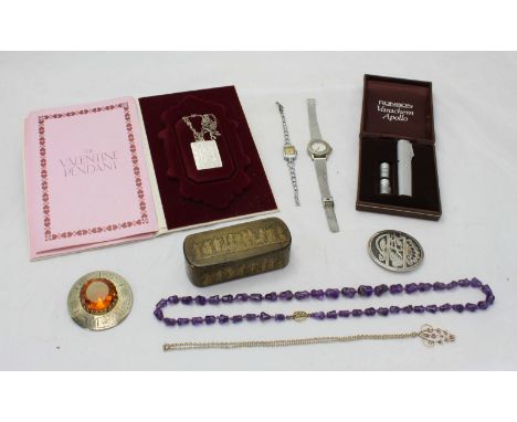 A Silver valentine ingot on silver chain, together with a white metal native American brooch, two ladies watches, a Ronson Va