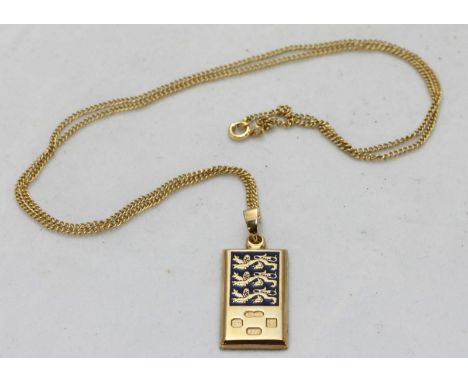 A 9ct gold ingot pendant with three lions blue enamel decoration, on 9ct gold necklace, total weight 11.5g
