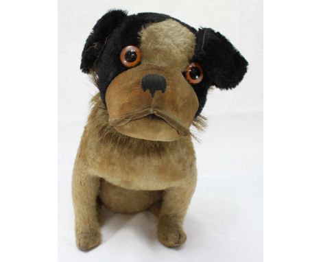 A Steiff French Bulldog circa 1930's, black and tan mohair body with velvet head, leather studded collar with horsehair attac