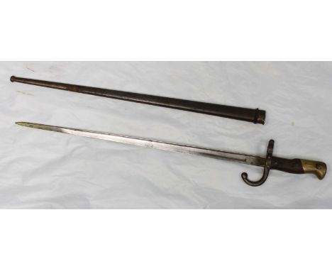 A French Chassepot, '1876' pattern bayonet with fullered blade and scabbard. Blade measures 52cm.