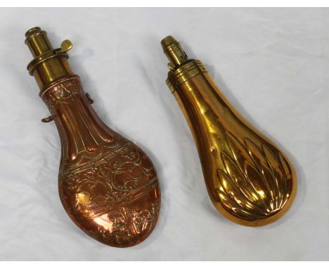 A 19th century Sykes Patent copper and brass powder flask, together with a brass Sykes Patent powder flask. (2)