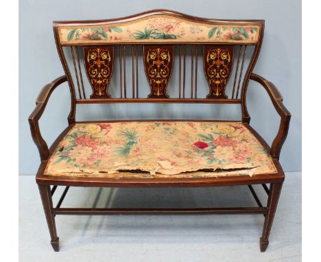 An Edwardian mahogany inlaid two seater parlour sofa, the back and seat with floral, fabric upholstery and raised on square, 