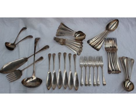 A George V silver part flatware service, comprising a large soup ladle, two sauce ladles, six soup spoons, six table forks, s