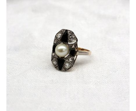 An Art Deco style diamond, pearl and onyx panel ring the central pearl with four onyx panels and eight old cut diamonds to a 