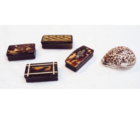 A 19th century horn snuff box with a parquetry decorated lid, together with three other horn snuff boxes and a shell and whit