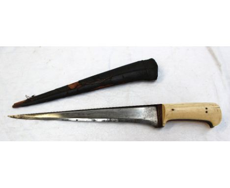 A 19th century Indian Pesh Kabz dagger with ivory grip and T form blade 27.5cm in length, complete with its leather scabbard.