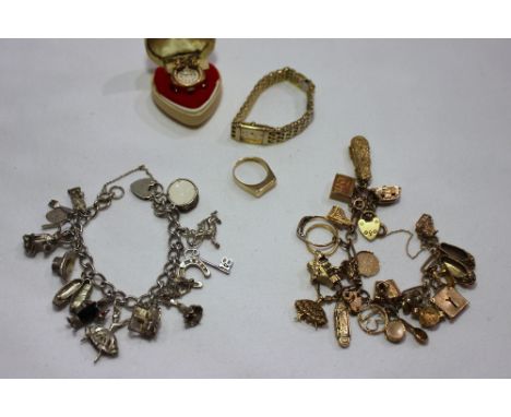 A 9ct yellow gold charm bracelet, the charms include a caravan, violin case, piano, cottage, slippers, accordion etc, togethe