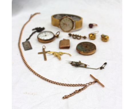 A yellow metal Albert chain, together with a pair of yellow metal earrings, an amethyst ring, fob watches and a wristwatch