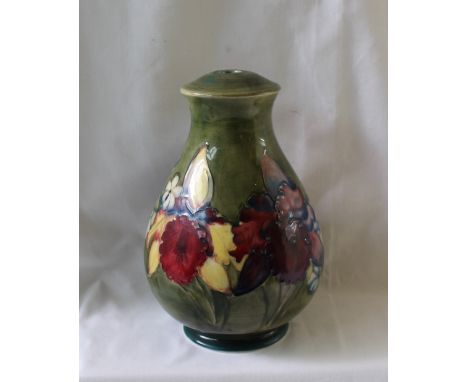 A Moorcroft pottery table lamp base in the Orchid pattern, to a light green ground, impressed mark, 22cm high  CONDITION REPO