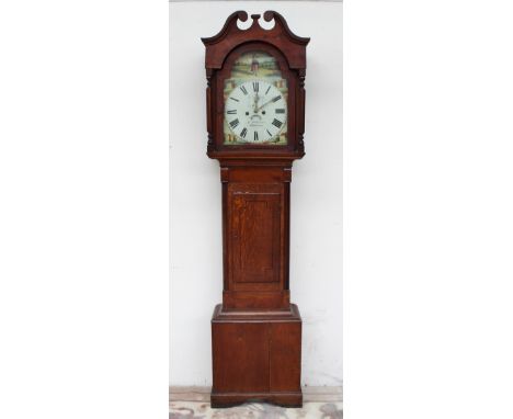 A 19th century oak and mahogany longcase clock, the hood with a broken swan neck pediment and a short trunk door on bracket f