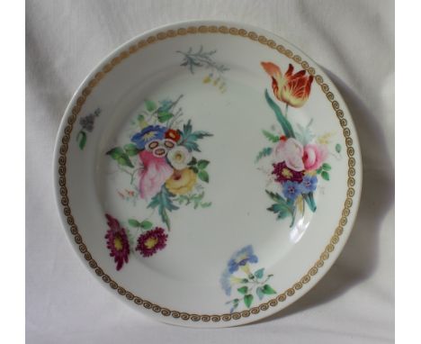 A Swansea porcelain plate, decorated with sprays of garden flowers to a scrolling gilt rim, impressed with Swansea and along 