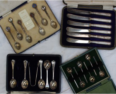 A cased set of six silver tea spoons, together with silver and enamel decorated spoons depicting Kings and Queens, other silv