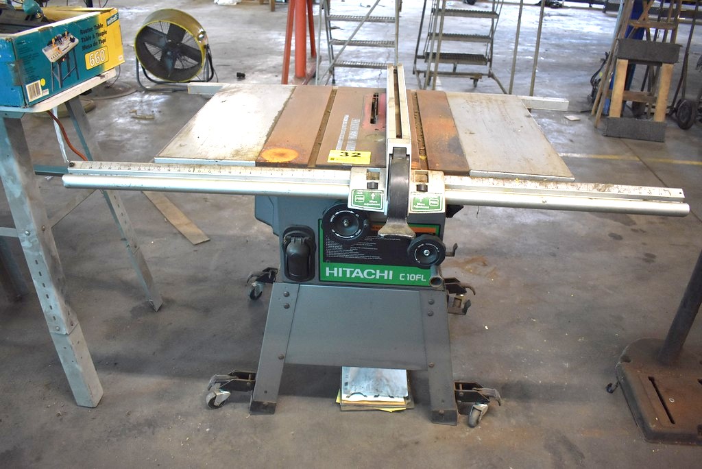 HITACHI C10FL 10" TABLE SAW, MOBILE BASE, TABLE EXTENSIONS, EXTENDED