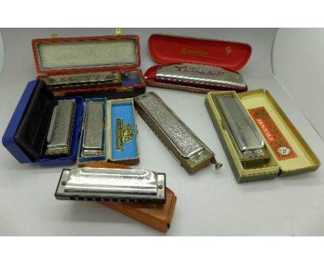 A collection of harmonicas;- six by Hohner comprising The Chromonica, The Super Chromonica, Blues Harp, Chrometta 12, Special