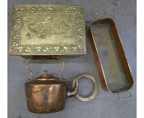 A brass slipper box, copper kettle and planter