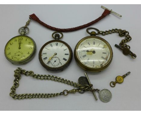 Three pocket watches including chronograph and an Albert chain, a/f