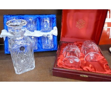 A Stuart crystal decanter, boxed, a set of Gleneagles crystal tumblers, boxed and a pair of Stuart crystal brandy glasses