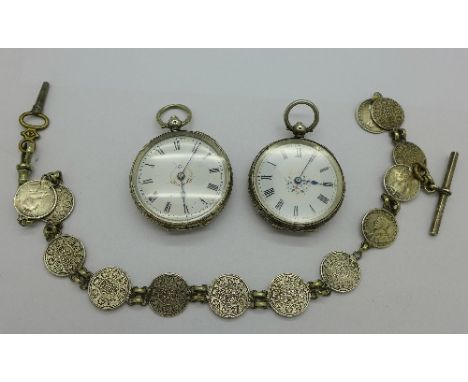 Two .800 silver fob watches and an Indian coin Albert chain