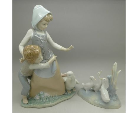 A Lladro figure, children with goose, B-1 S backstamp and a Nao figure of three geese