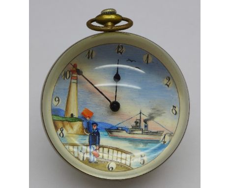 A Doxa paperweight desk clock, the dial painted with harbour scene with animated harbour-master