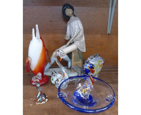 Five items of glass including Murano and a Nao figure, a/f