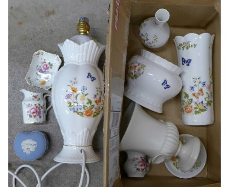 An Aynsley table lamp base, three other items of Aynsley, Royal Crown Derby Derby Posies cream jug, one other jug and a pin t