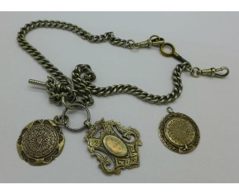 A silver double Albert chain with three silver fobs including darts, one a/f, 57g