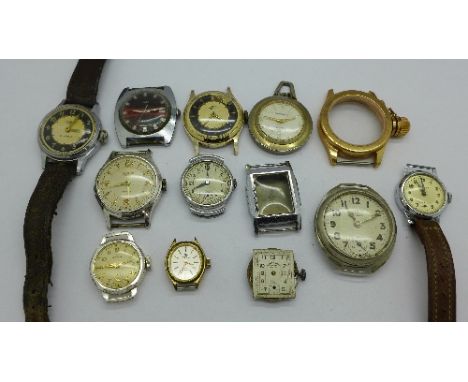 Three Smiths wristwatches, an Ingersoll wristwatch head, a Timex wristwatch head, etc.