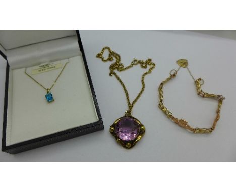 A 9ct gold claddah bracelet and a 9ct gold and blue topaz pendant with chain, 5.2g, and a pink stone set pendant on a plated 