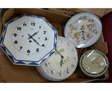 Four clocks; Home Ales, Ingersoll, Smiths character wall clock and a mantel clock
