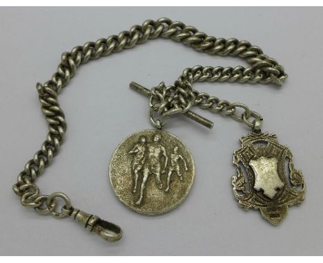 A silver Albert chain and two silver fobs including Lincolnshire Regiment, 1929 1 mile relay, 82g
