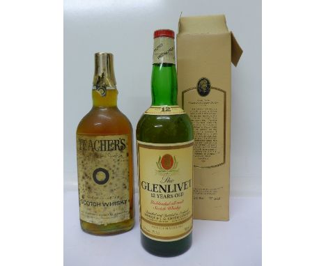 One bottle of The Glenlivet Highland Malt Scotch whisky, Aged 12 Years, and one bottle of Teachers Highland Cream Scotch whis