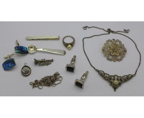 Silver and white metal items including a tie pin with Mercedes emblem, cufflinks and a marcasite silver necklace