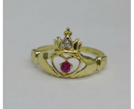 A 9ct gold, ruby and diamond Claddah ring, 1.2g, O