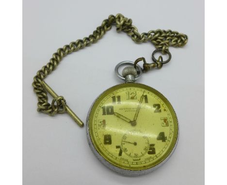 A military issue pocket watch, Orator Watch Co., with metal Albert chain