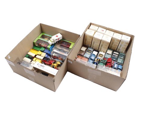 2 boxes with scale model cars including Dinky Toys