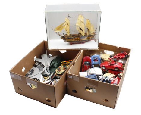 2 boxes with plastic scale model cars, boats, aircraft tanks, trucks and display case with scale model sailing ship, display 
