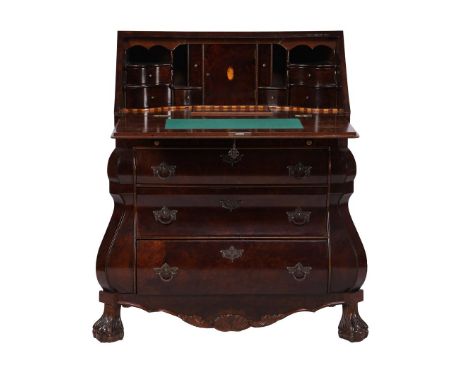 Walnut double-curved folding desk after an antique model, standing on claw feet and behind the flap a beautiful nesting work,