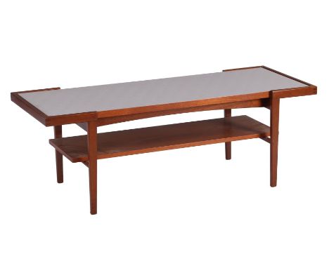 Teak veneer coffee table with reversible top with wood on one side and formica on the other, with base shelf, 1960s, 44 cm hi