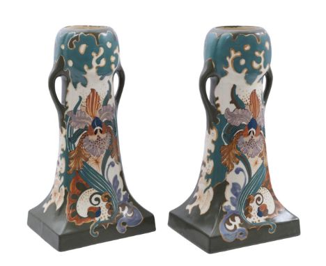 2 Arnhemsche Fayence earthenware ear vases with Orchid decor, model 215, painter Herman Sol, 30 cm high, 16x12.5 cm (chips an
