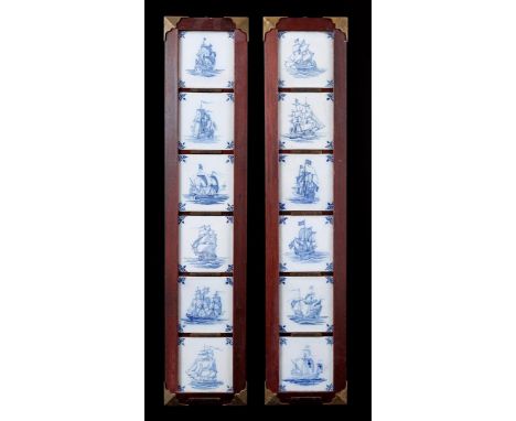 2 tile panels in frame with decor of ships with name on brass plate, 88x19 cm