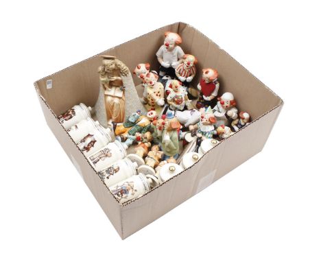 Box with Goebel porcelain figurines from the Happy Clowns collection, 10 spice jars with images of Hummel, Goebel statue of M