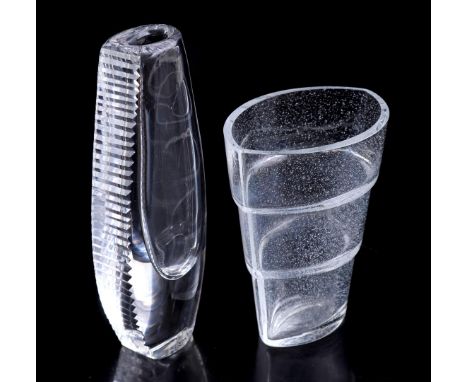 Clear glass vase with serrated side, bottom signed Kosta LS 2647, 19.5 cm high and clear glass vase with wide flared top, mod