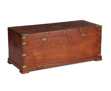 Teak chest with brass fittings and bronze handles, 55 cm high, 131 cm wide, 55 cm deep