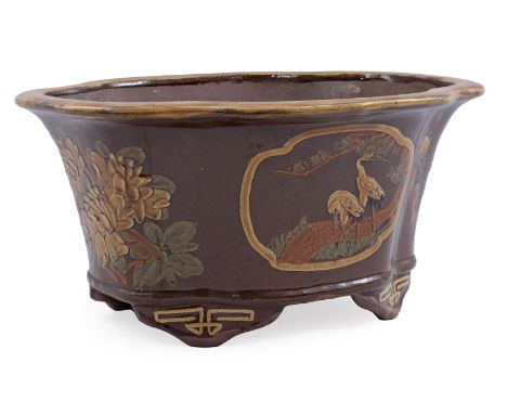 Oriental ceramic flower box with polychrome decor of flowers, egrets and bear, 20th century, 25 cm high, 50x41 cm