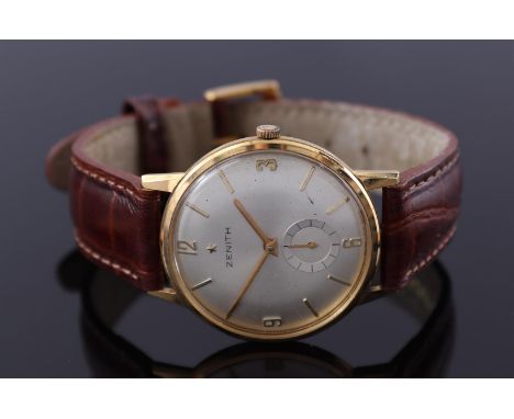 Zenith Swiss men's wristwatch in a gold case, hand wound, case numbered 498A531, case size is 34 mm on a leather strap