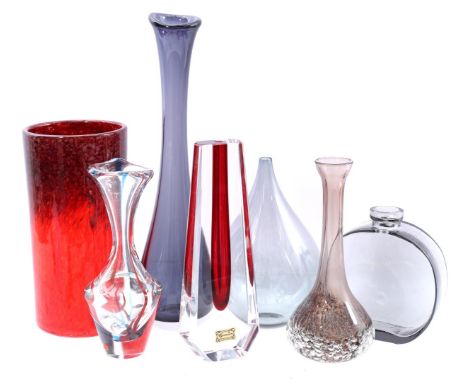 7 colored glass vases including marked Sven Palmquist Orrefors, Egermann, Max Verboeket and 1 with pontil seal, smallest vase