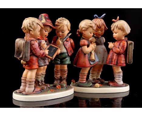 2 Goebel Hummel earthenware sculpture groups of 3 girls and 3 boys, numbers 177/I and 170/I, 18 cm and 19 cm high (glued prot