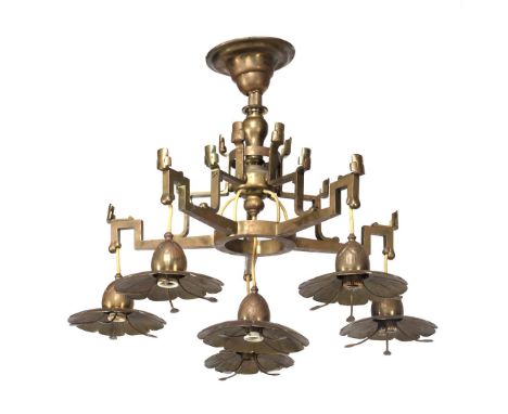 Bronze 6-light hanging lamp with copper flower-shaped bowls, Art Deco period, ca. 1930, 67 cm high, 80 cm diameter (1 bowl lo