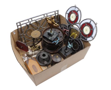 Various boxes including stained glass window decorations, copperware, plate and silver spoons, Art Nouveau brass letter scale
